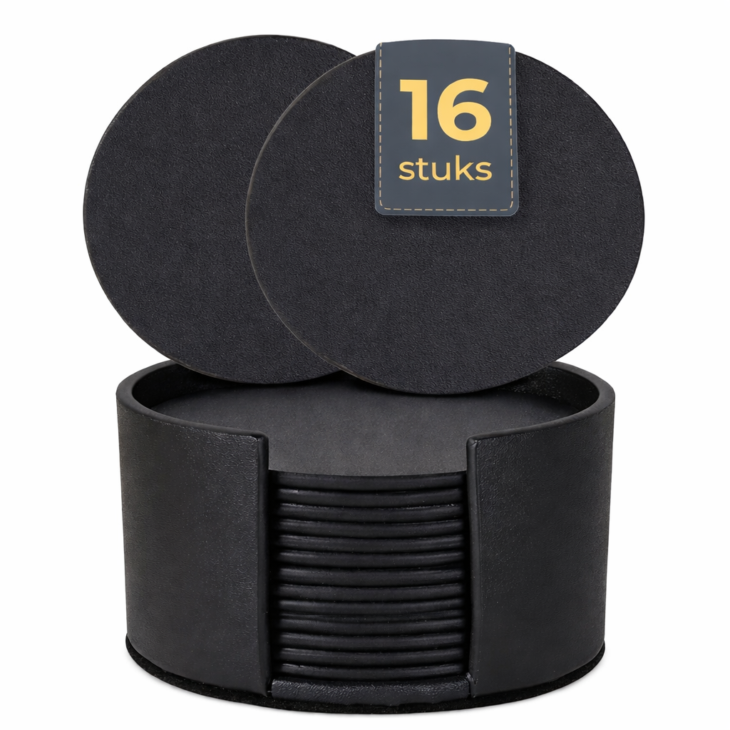 XEMM Onderzetters met Houder - 16 Stuks - 10 cm - Zwart