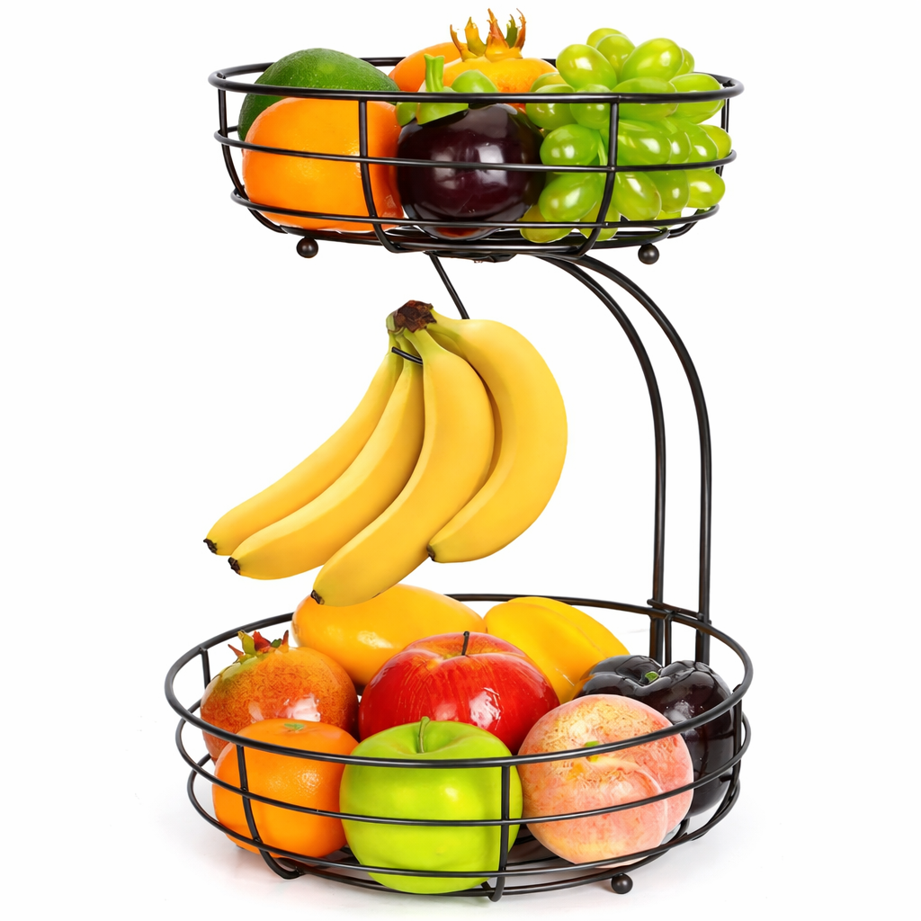 XEMM Fruitmand met Bananenhouder - 2-Laags Rond - Zwart Metaal